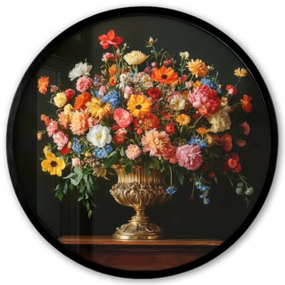Poster in lijst Rond - Fotolijst 40x40 cm - Posters - Goud - Bloemen - Kleuren - Vaas - Ronde posterlijst zwart - Decoratie - Wanddecoratie woonkamer - Muurdecoratie slaapkamer