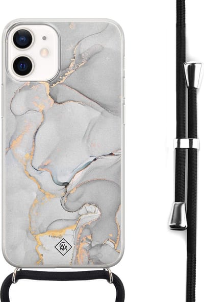 Casimoda® hoesje met koord - Geschikt voor iPhone 12 Mini - Marmer Grijs - Afneembaar koord - Siliconen/TPU - Grijs
