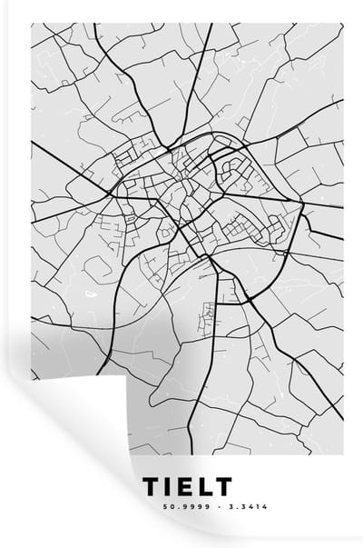 Muurstickers - Sticker Folie - Zwart Wit – België – Plattegrond – Stadskaart – Kaart – Tielt - 20x30 cm - Plakfolie - Muurstickers Kinderkamer - Zelfklevend Behang - Zelfklevend behangpapier - Stickerfolie