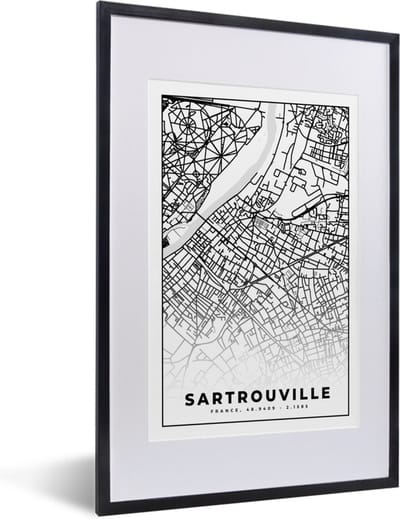 Fotolijst incl. Poster Zwart Wit- Stadskaart - Plattegrond - Sartrouville - Kaart - Frankrijk - Zwart wit - 40x60 cm - Posterlijst