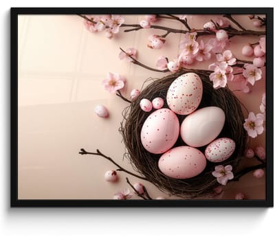 Poster in lijst - Fotolijst 70x50 cm - Posters - Roze - Bloesems - Eieren - Posterlijst zwart - Decoratie - Wanddecoratie woonkamer - Muurdecoratie slaapkamer