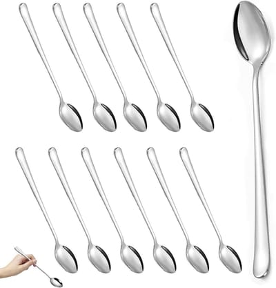 Set van 12 Lange Roestvrijstalen Lepels voor Latte Macchiato en IJs, Hoogglans Gepolijst, Perfect voor Espresso en Koffie