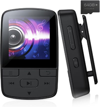 MP3-Speler Bluetooth 5.0 Sport 64 GB Met Clip Mini-MP3-Speler Met HiFi Lossless-Geluid FM-Radio Stappenteller Stopwatch En E-Book Ondersteunt Tot 128 GB SD-Kaart Verbeterde Versie