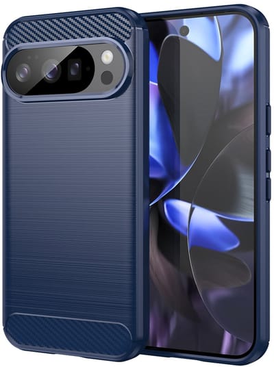 MobyDefend Hoesje - Geschikt voor Google Pixel 10 / Google Pixel 10 Pro - TPU Backcover - Geborstelde Metaal & Carbon-Look - Blauw