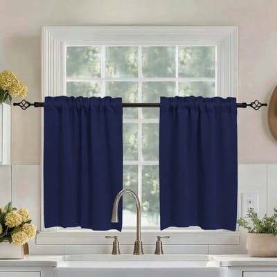 MUPOO Wafelstructuur Verduisterende Valletjes Gordijnen Kant en Klaar Set van 2 - Blackout & Privacy- Roede Pocket - blackout gordijnen Voor Keuken, Kleine Ramen, Badkamer & Slaapkamer- Marineblauw - 85x76 cm