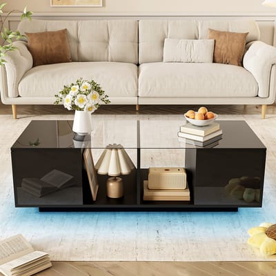 Pugsdrly Tafel Centrale salontafel met LED verlichting glanzend blad 120 x 50 x 385 cm Woonkamertafel Modern zwart