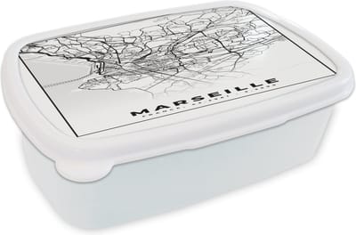 Broodtrommel Wit - Lunchbox - Brooddoos - Marseille - Kaart - Stadskaart - Frankrijk - Plattegrond - Zwart wit - 18x12x6 cm - Volwassenen