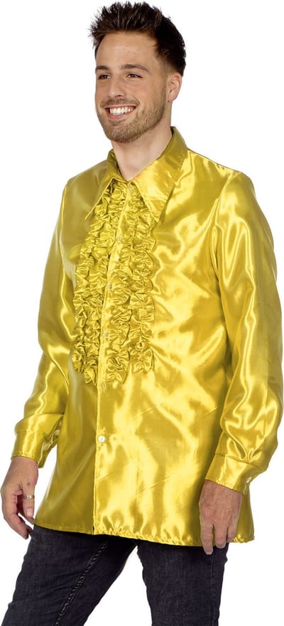 Ruchesblouse satijn geel - Maat 52