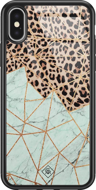 Casimoda® hoesje - Geschikt voor iPhone Xs - Luipaard Marmer Mint - Luxe Hard Case Zwart - Backcover telefoonhoesje - Bruin