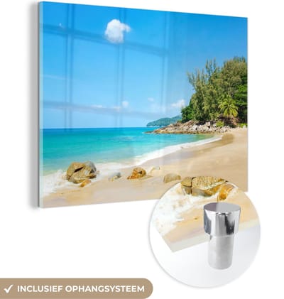 MuchoWow® Glasschilderij 40x30 cm - Schilderij acrylglas - Strand - Zee - Planten - Tropical - Foto op glas - Schilderijen