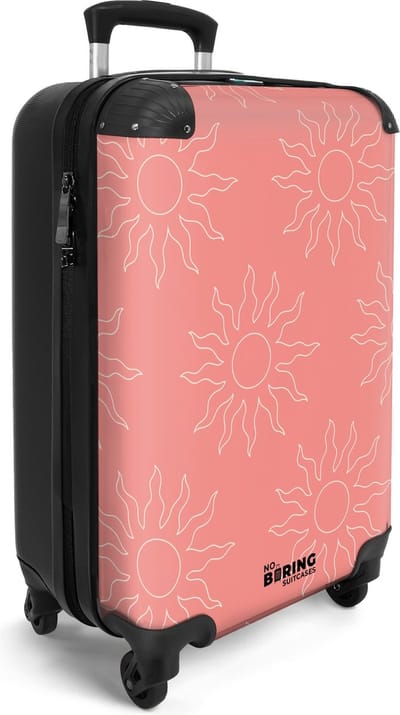 NoBoringSuitcases.com® - Handbagage koffer lichtgewicht - Reiskoffer trolley - Roze valies met zonnen print - Rolkoffer met wieltjes - Past binnen 55x40x20 en 55x35x25 - Bagagekoffer