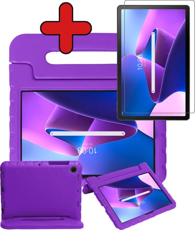 Hoesje - Geschikt voor Lenovo Tab M10 Plus (3e / 3rd Generatie) - Met Screenprotector - Kinderhoes - Shockproof Bumper - Kidsproof Case - Tablethoes - Kinder Hoes Cover - Paars