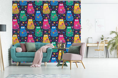 Behang - Fotobehang Kat - Regenboog - Bloemen - Breedte 245 cm x hoogte 220 cm