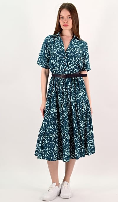 YesMooi - Midi Blousejurk met Bladprint en Ceintuur - S (36) - Petrolblauw