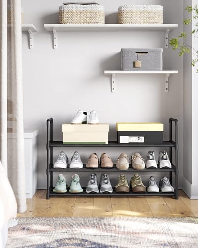 Candala 3-plank schoenenrek, metalen schoenopbergorganisator, eenvoudig te monteren, 12 tot 15 paar schoenen, stapelbare schoenenplank voor kast, ingang, zwart LSA303B02