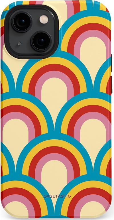 Casetastic hoesje geschikt voor Apple iPhone 13 mini - MagSafe - Dubbellaagse bescherming - Retro regenboog - Fashion Case - Lichtblauw Crème Goud Rood