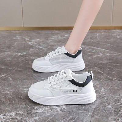 Zomer Nieuwe Mesh Ademende Damesschoenen Ronde Neus Vetersluiting Dikke Zool Schoenen Kleine Witte Schoenen Sport- en Vrijetijdsschoenen Trend 40 zwart