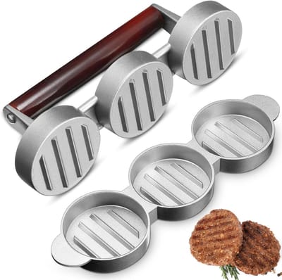 Mini Burger Pers - Vlees Pâté Maker - Kleine Burgers Maken - Drie Rondjes Tegelijk - 24.5 cm Lengte - Zilverkleurig