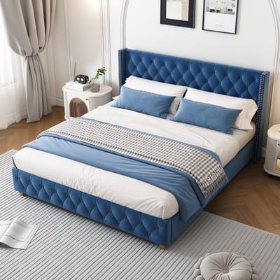 DESMIU Gestoffeerd Bed 160cm x 200cm Zonder Matras Hoofdbord Met Knoopbekleding En Spijkerdetails Lattenbodem Voor Slaapkamer Blauwe Fluweelstijl