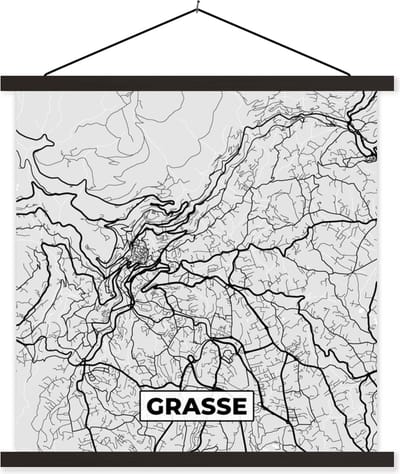 Posterhanger incl. Poster 60x60 cm - Schoolplaat - Kaart - Stadskaart - Grasse - Plattegrond - Frankrijk - Textielposter - Zwarte latten - Stadskaart