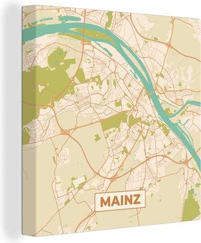 Canvas Schilderij Plattegrond - Mainz - Vintage - Kaart - Stadskaart - 20x20 cm - Wanddecoratie