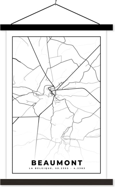 Posterhanger incl. Poster 40x60 cm - Schoolplaat - België – Beaumont – Stadskaart – Kaart – Zwart Wit – Plattegrond - Textielposter - Zwarte latten - Stadskaart