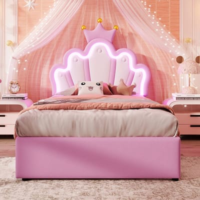 Komhtom Kinderbed met 2 lades Enkel bed 90x200 cm afstandsbedienbare sfeerverlichting prinsessenbed in kroonvorm verstelbare hoofdeinde PU roze