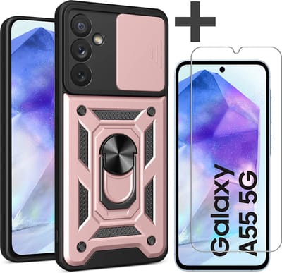 Hoesje met Screenprotector Geschikt voor Samsung Galaxy A55 Met draaibare Ringhouder en camera bescherming - Arara backcover - Rosegoud