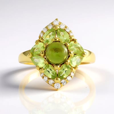 Cavill - 925 Sterling Zilver Ring - Verguld - Vesuvianiet 1,26 ct & Peridot 1,61 ct - Luxe Elegante Ronde en Druppelvormige Edelstenen