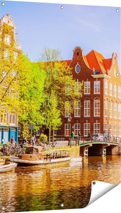 Gards Tuinposter Amsterdamse Gracht tijdens Zonsondergang - 80x120 cm - Tuindoek - Tuindecoratie - Wanddecoratie buiten - Tuinschilderij