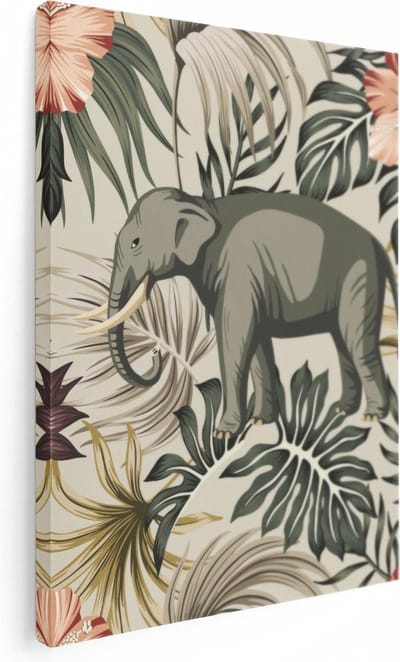 Artaza Canvas Schilderij Olifant Botanisch - 30x40 cm - Klein - Muurdecoratie Dieren - Wanddecoratie Jungle - Kamer Accessoires