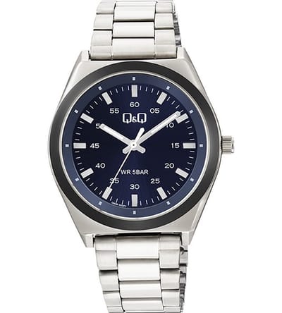 Q&Q Q80B-002PY - Horloge - Polshorloge - Analoog - Heren - Mannen - stalen band - Metaal - Overig - Cijfers - Zilverkleurig - DonkerGrijs - DonkerBlauw