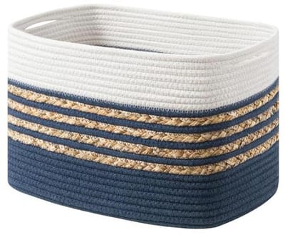 Geweven Opbergmanden voor Speelgoed en Handdoeken - Rechthoekige Katoenen Touwmand met Handgrepen - 35 cm x 21 cm x 22 cm - Marineblauw