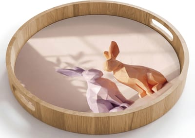 Dienblad rond 40x40 cm - Schootdienblad hout - Konijnen - Paars - Oranje - Abstract - Borrelplank rechthoek - Plateau houten dienbladen