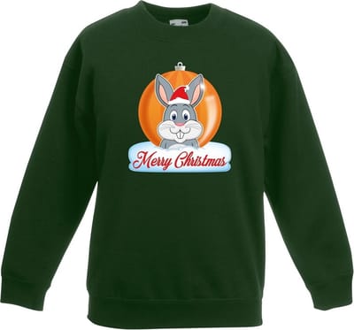 Kersttrui Merry Christmas konijn kerstbal groen jongens en meisjes - Kerstruien kind 98/104