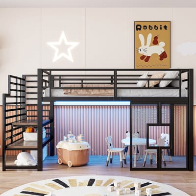 PHOEBE CAT Hoogslaper - 90 x 200 cm - Metalen bedframe - Opbergruimte - LED-verlichting - Kinderbed - Zwart