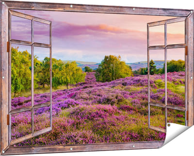 Gards Tuinposter Doorkijk Paarse Weide - 150x100 cm - Tuindoek - Tuindecoratie - Wanddecoratie buiten - Tuinschilderij
