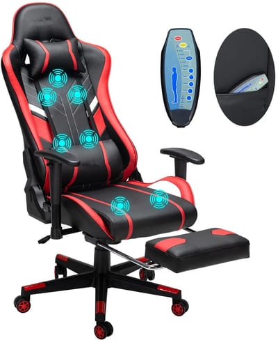 Novendo Goods – Massage Gamingstoel met 7 Massagepunten & Voetsteun – Ergonomische Bureaustoel van PU Leer - Met Verstelbare Rugleuning, Lendensteun & Hoofdsteun – Tot 150 KG