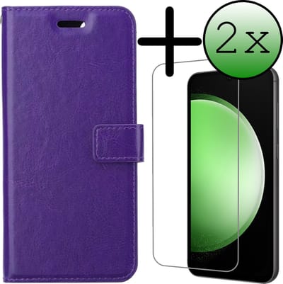 Hoesje Met 2x Screenprotector - Geschikt voor Samsung Galaxy S23 FE - Luxe Pasjeshouder - Bookcase Portemonee - Flip Case - Kunstleer Book Case - Flipcase Hoes - Book Cover - Walletcase - Portemonneehoes - Paars