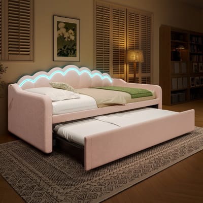 Sweiko Slaapbank - 90x200 cm (180x200 cm) met uitschuifbaar bed - Velvet - LED-strip - Zonder matras - Roze