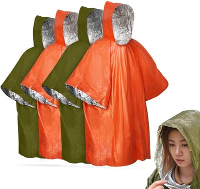 4 stuks - Warme nooddeken- Waterdichte overlevingsdeken - met Capuchon - Ultralichte koudebescherming - Noodponcho - Herbruikbare weerbestendige regenjas - Kamperen, Wandelen, Noodvoorraden en overlevingskit - 100x130cm - 2 oranje 2 groen
