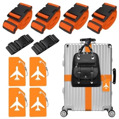 4 stuks kofferriemen, 4 kofferlabels en 2 bagageriemen - Verstelbare bagagebanden - Oranje