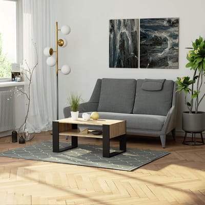 Houten Salontafel met Plank | Minimalistisch Design Woonkamer Tafel | Sonoma Eiken Look met Zwarte Poten | 92x45x53 cm