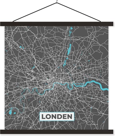 Posterhanger incl. Poster 60x60 cm - Schoolplaat - Londen - Blauw - Kaart - Plattegrond - Stadskaart - Textielposter - Zwarte latten - Stadskaart