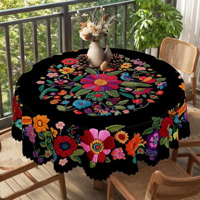 Onafhankelijkheidsdag Bloemenkrans Waterdichte Rechthoekige Tafelkleed Rood Blauw Bloemen Ster USA Vlag Tafelhoes voor Diner Keuken Round (180)Cm