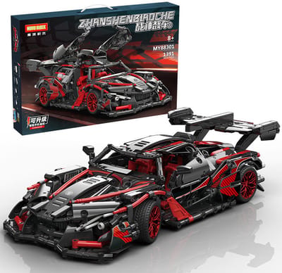 Supercar-bouwset, automodelbouwspeelgoed op schaal 1:14, racewagen /verjaardags- en vakantiecadeaus Rood en Zwart(1391+ Stuks)