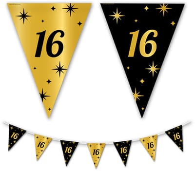 BTH - Slingers - 16 Jaar - Sweet 16 Versiering - Goud en Zwart - Slingers Verjaardag - Vlaggenlijn - Verjaardag - 1 stuk