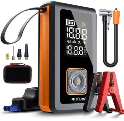 Rixus Jumpstarter voor auto - 4-in-1 Multifunctionele Draagbare Luchtcompressor met Jumpstarter – Elektrische Bandenpomp voor Auto, Fiets, Motor – Startkabels, Zaklamp, LCD-scherm, Draagtas – Oplaadbaar en Compact – Zwart