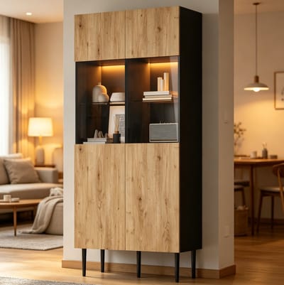 MIVRAY Vitrinekast - Met Ledverlichting En 10 Opbergvakken - Voor Woonkamer En Eetkamer - MDF En Glas - 80x35x180 Cm