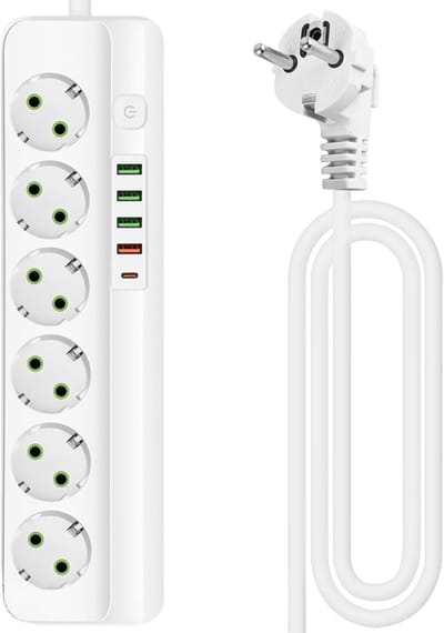 Zesvoudige Stekkerdoos met 4 USB Oplaadpoorten, Muurbevestiging en 2 Meter Kabel voor Thuis en Kantoor, Veiligheidsschakelaar, Meerdere Stopcontacten